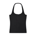 Anointed Garments black ribbed knit halter neck tank top with a button-front placket and sleeveless design.