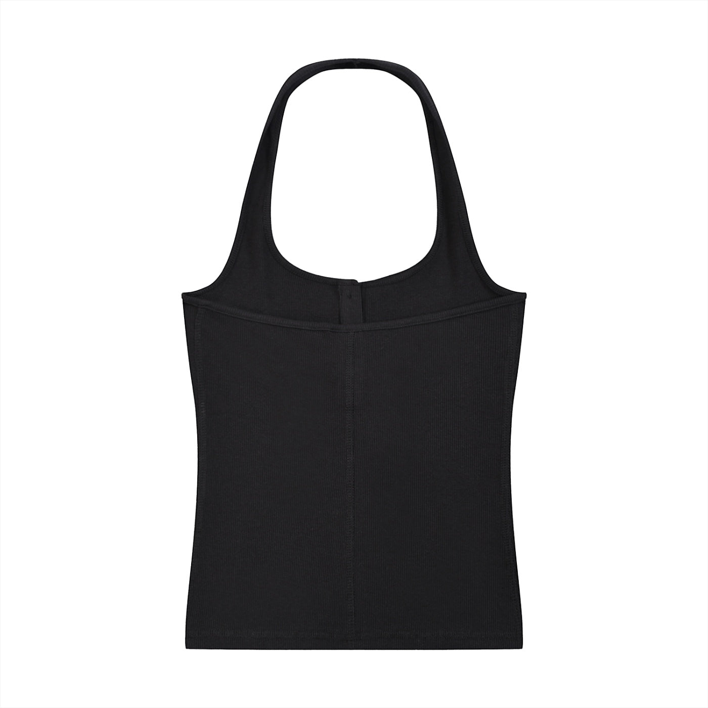 Anointed Garments black ribbed knit halter neck tank top with a button-front placket and sleeveless design.