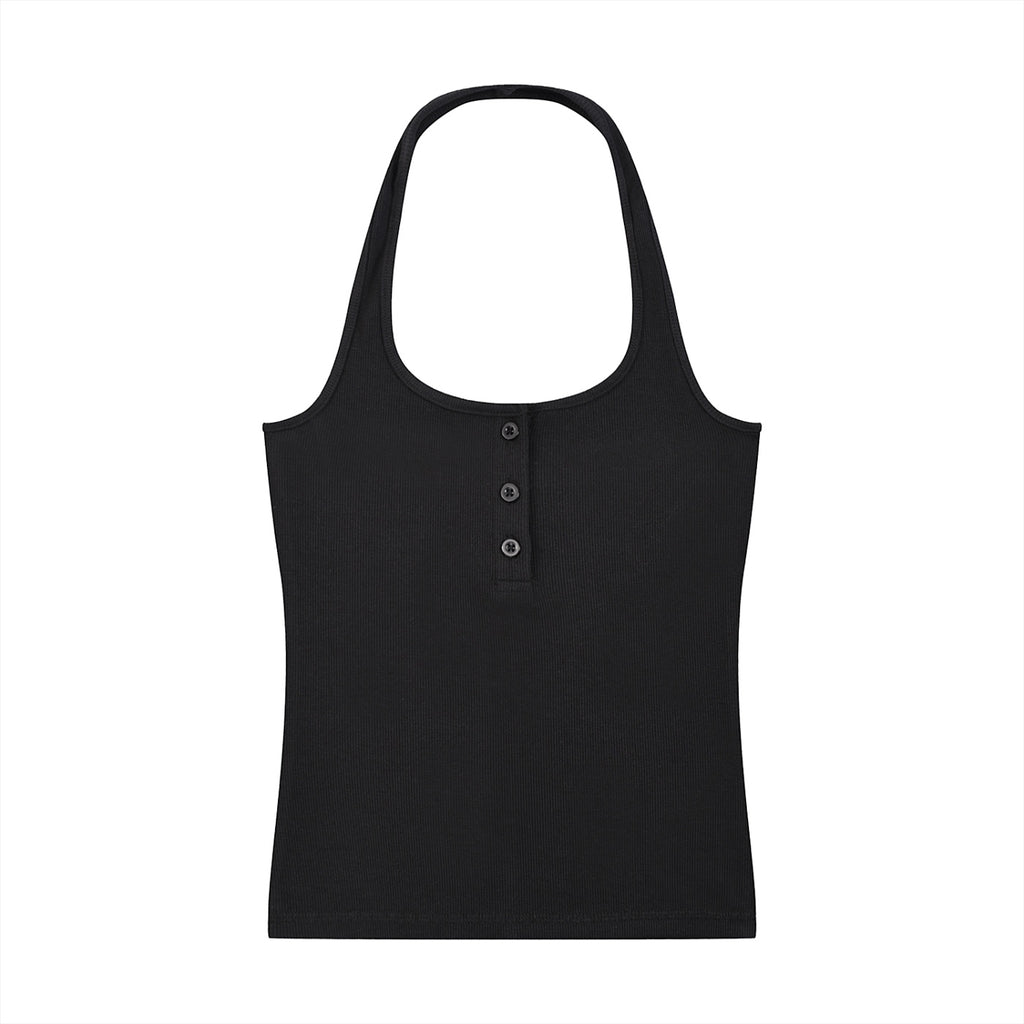 Anointed Garments black ribbed henley tank top with a round neck, sleeveless design, and button-front detail.