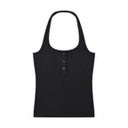 Anointed Garments black ribbed henley tank top with a round neck, sleeveless design, and button-front detail.