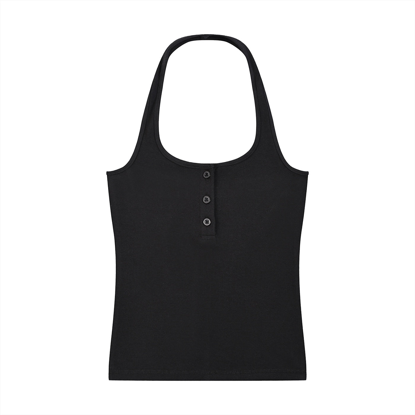 Anointed Garments black ribbed henley tank top with a round neck, sleeveless design, and button-front detail.