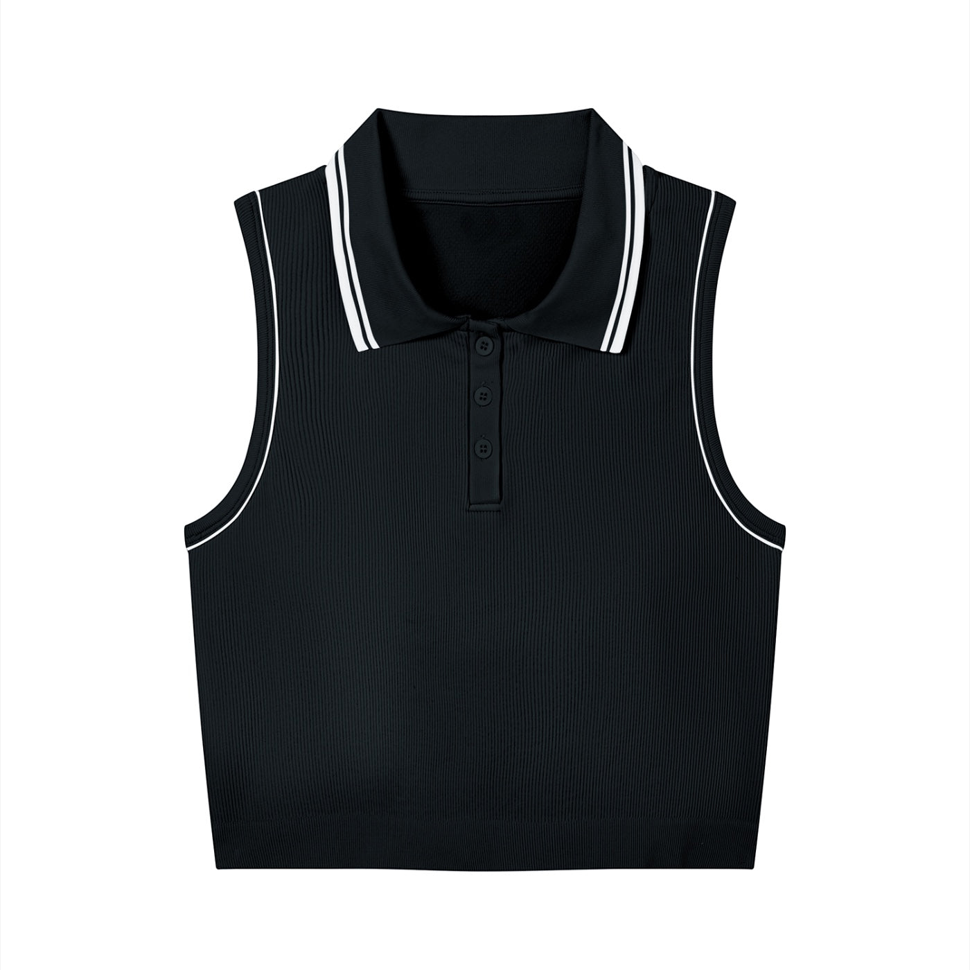 Anointed Garments black sleeveless ribbed polo crop top with a white tipped collar and three-button placket.