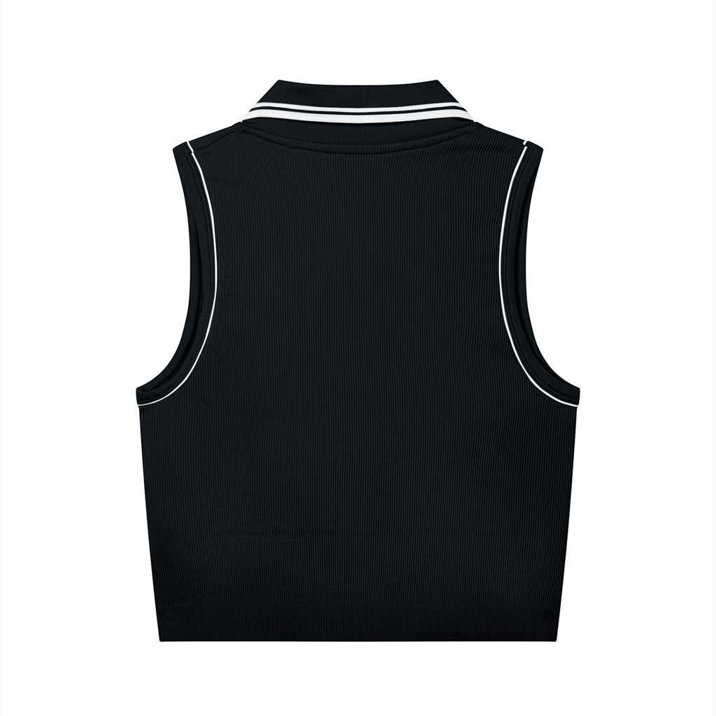 Anointed Garments black sleeveless ribbed polo crop top with white tipping on the collar and armholes, back view.