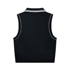 Anointed Garments black sleeveless ribbed polo crop top with white tipping on the collar and armholes, back view.