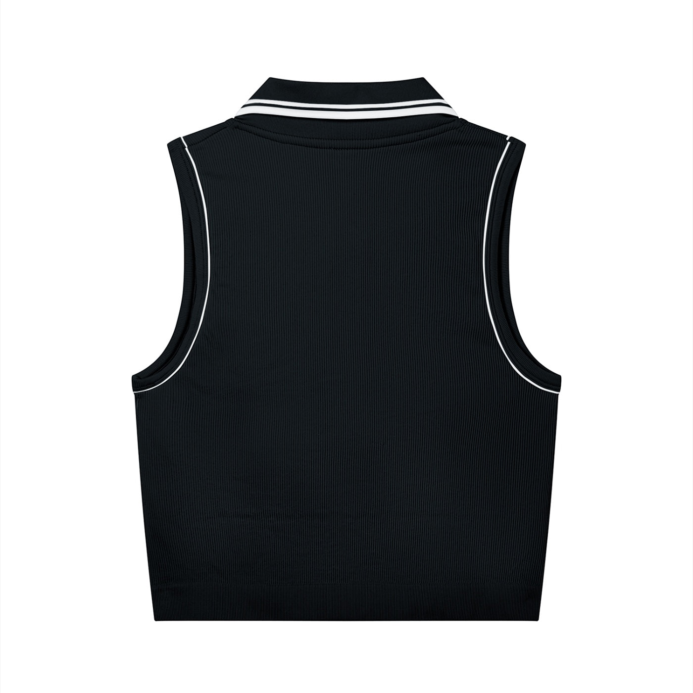 Anointed Garments black sleeveless ribbed polo crop top with white tipping on the collar and armholes, back view.