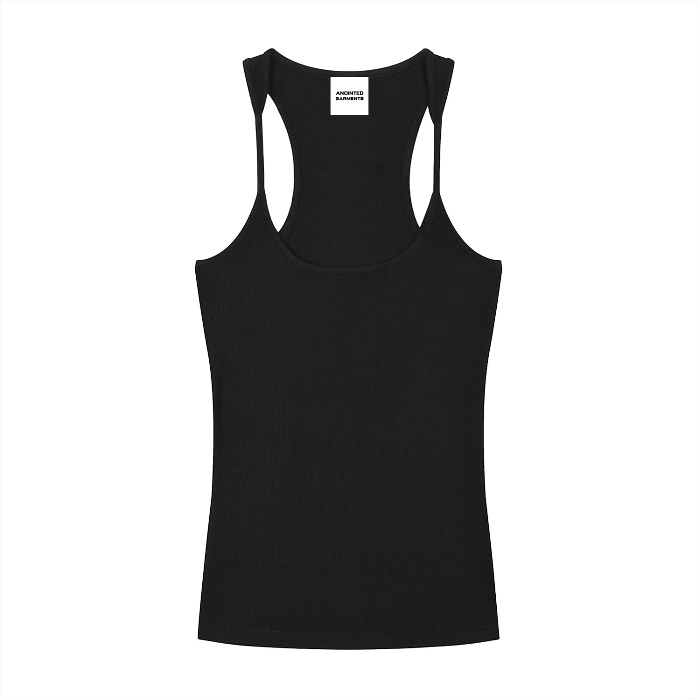 Anointed Garments black ribbed racerback tank top with a scoop neckline in a soft cotton blend fabric