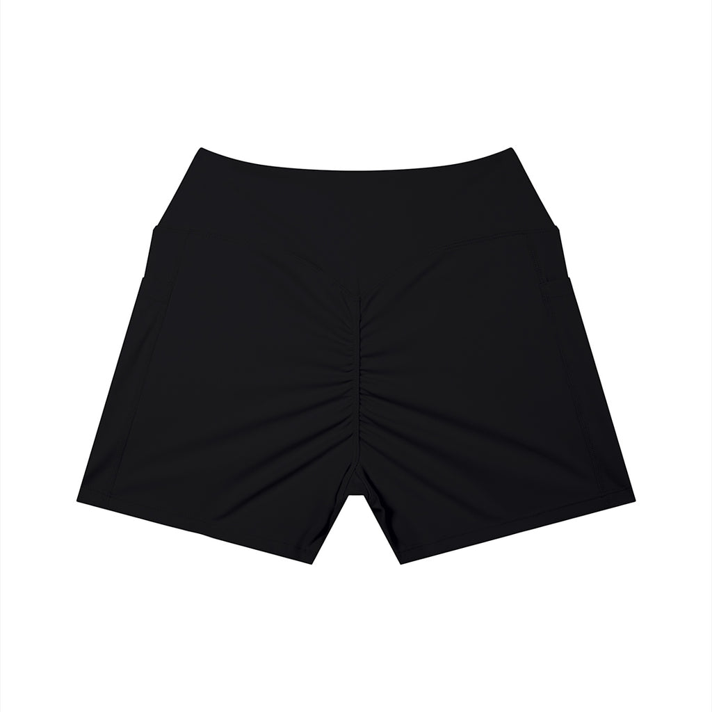 Anointed Garments black high-waisted athletic shorts with a ruched back, side pockets, and moisture-wicking fabric.