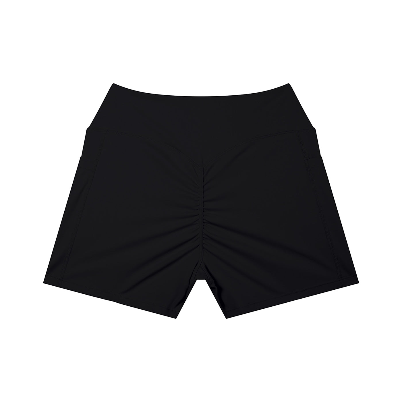 Anointed Garments black high-waisted athletic shorts with a ruched back, side pockets, and moisture-wicking fabric.