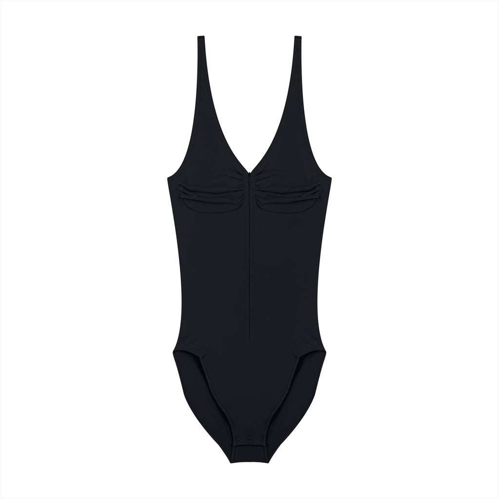 Anointed Garments black sleeveless full-zip bodysuit with ruched detailing, made from nylon and spandex blend.