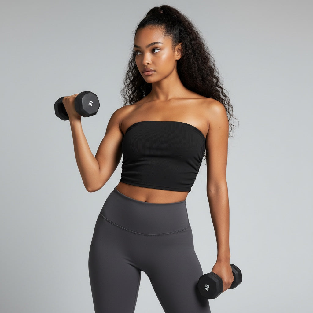 Anointed Garments black ruched cropped tube top worn by a woman lifting dumbbells during a workout.