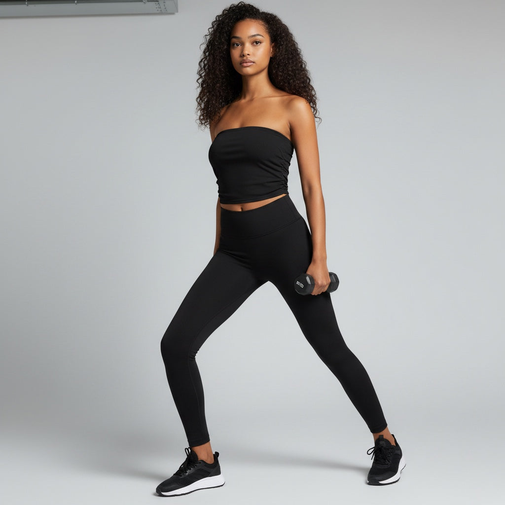 Anointed Garments black ruched cropped tube top worn by a woman with curly hair holding a dumbbell for yoga workout