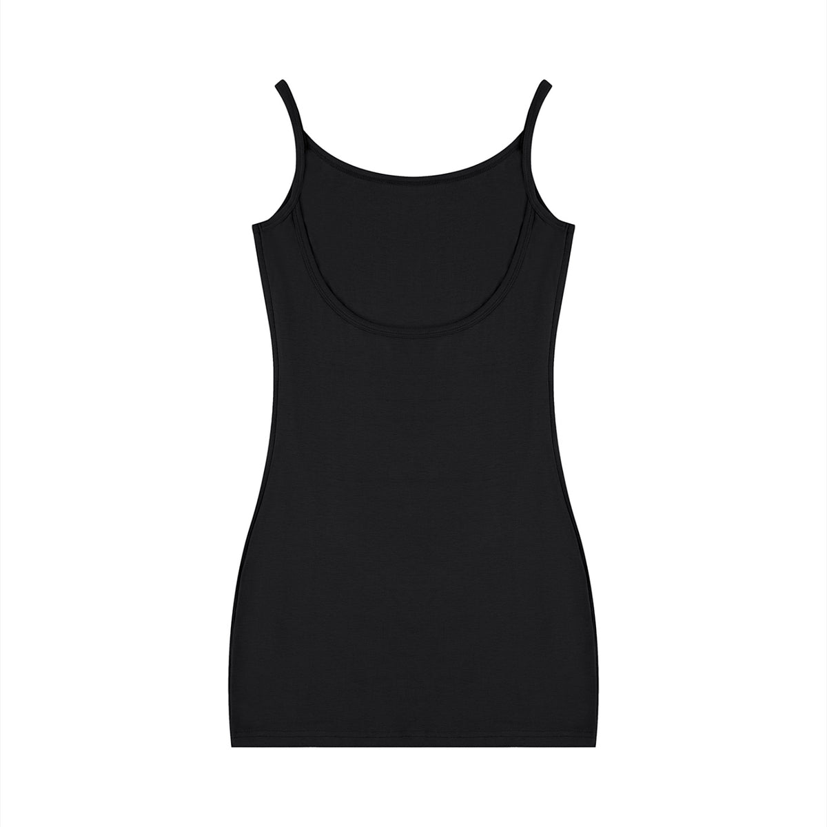 Anointed Garments black sleeveless bodycon dress with a U-neck and backless design in soft rayon-spandex blend.