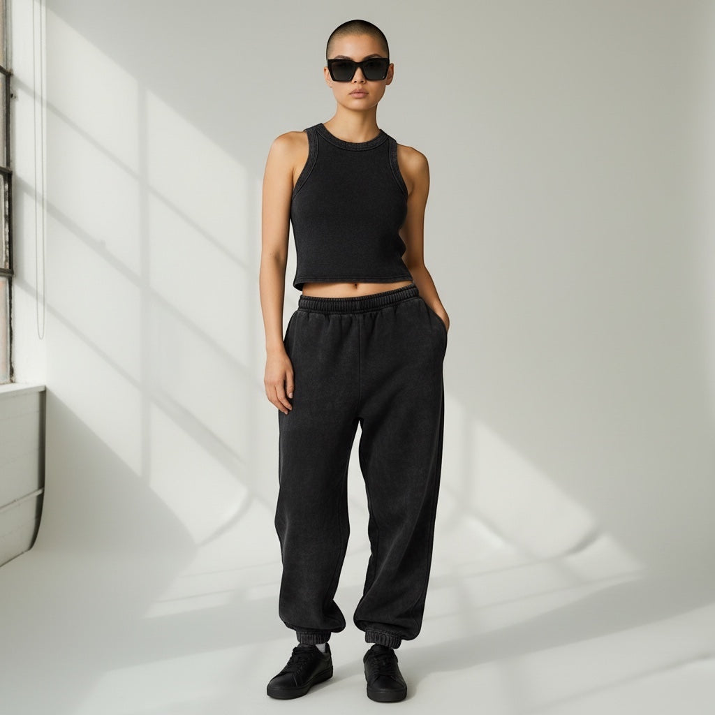 Model wearing Anointed Garments black vintage-wash sleeveless crop tank top with matching joggers and sunglasses