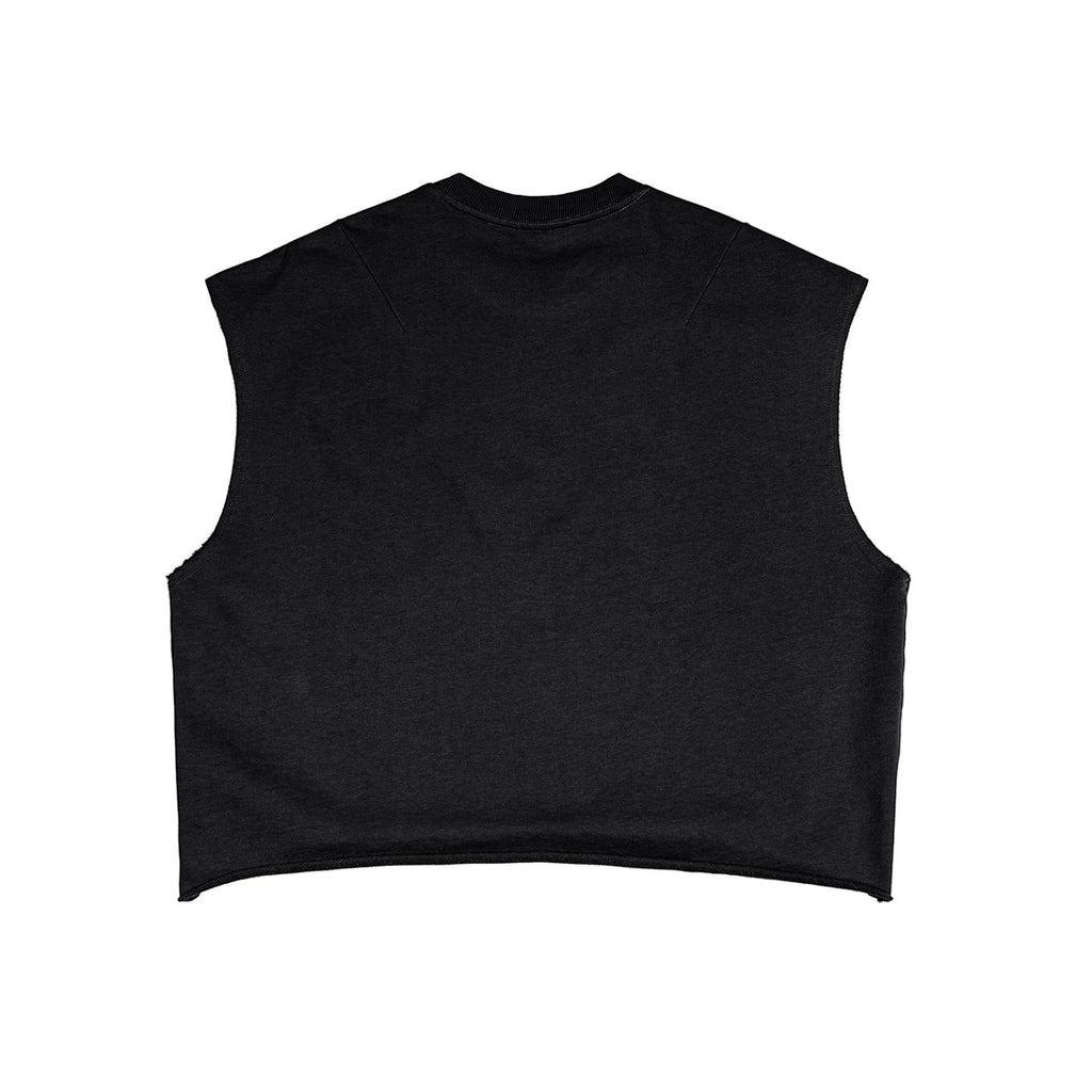 Back view of a black Anointed Garments sleeveless crop top with raw-edge armholes and a boxy, modern fit.
