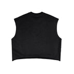 Back view of a black Anointed Garments sleeveless crop top with raw-edge armholes and a boxy, modern fit.