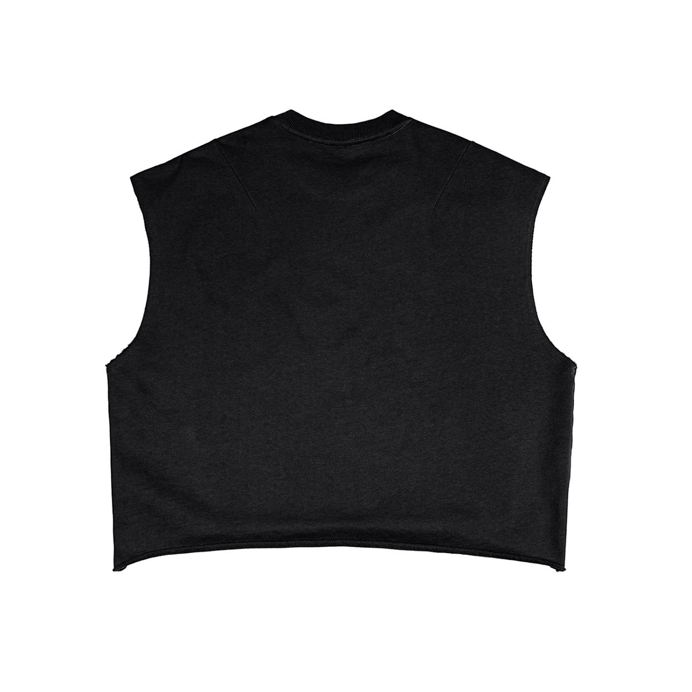 Back view of a black Anointed Garments sleeveless crop top with raw-edge armholes and a boxy, modern fit.