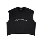 Anointed Garments black sleeveless crop top with raw-edge armholes and white Pray For Me graphic on the chest