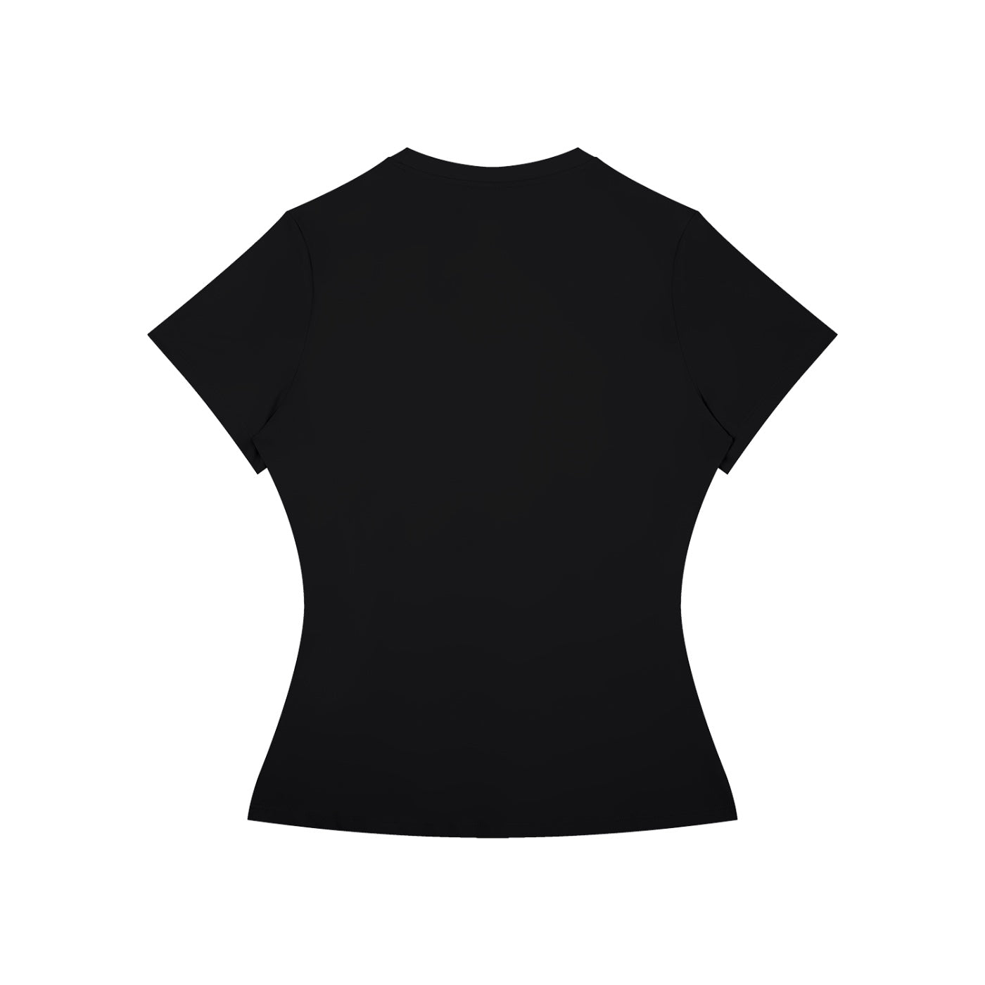 Anointed Garments women's black slim fit performance t-shirt with short sleeves and round neck, back view.