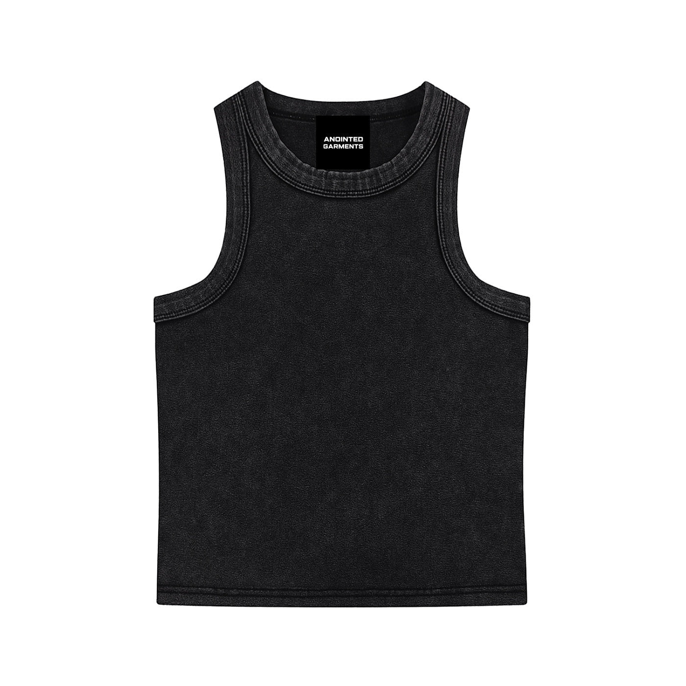 Anointed Garments black snow washed cotton blend crop tank top with a round neck and sleeveless design.