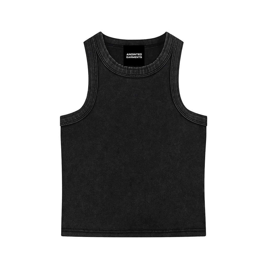 Anointed Garments black snow washed cotton blend crop tank top with a round neck and sleeveless design.