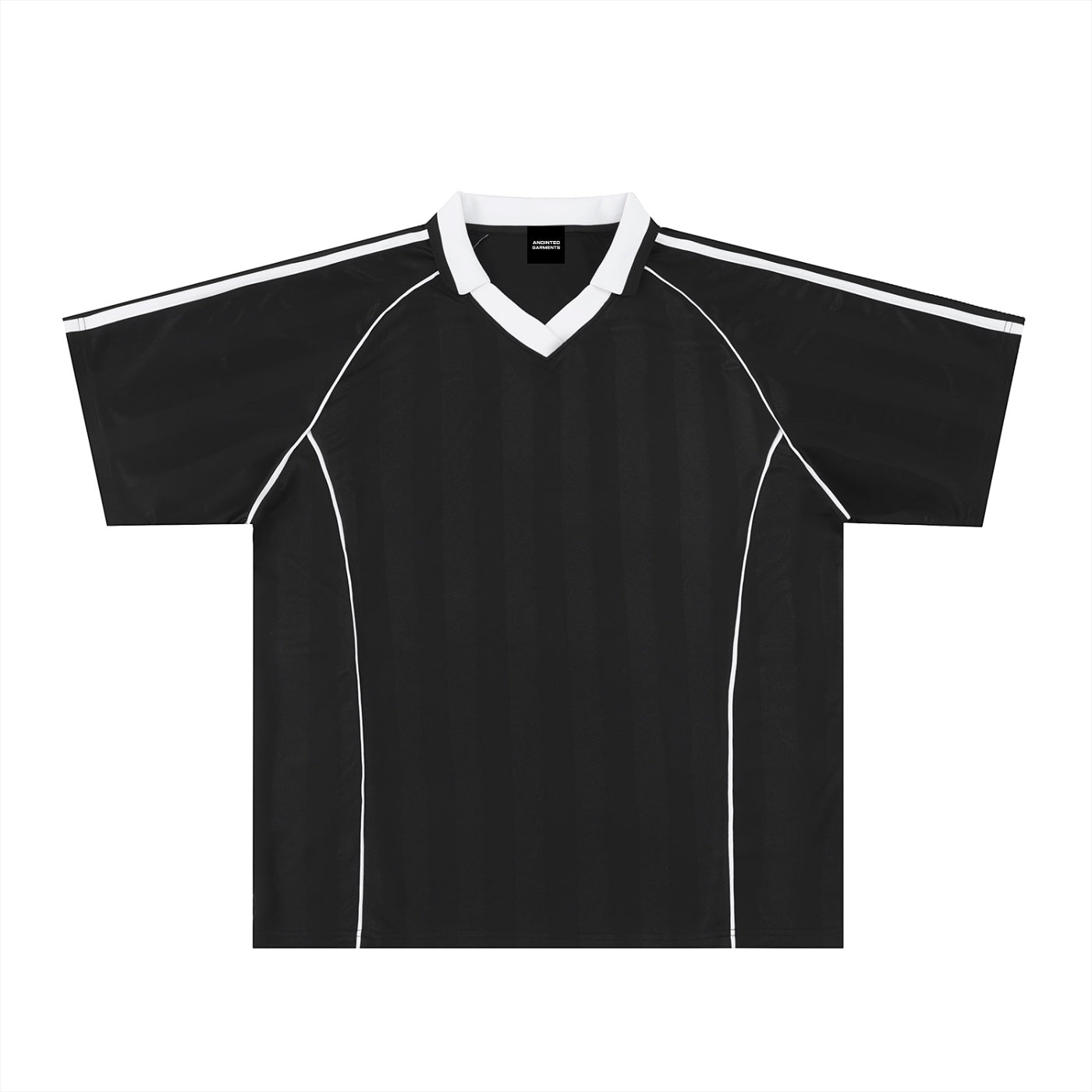Anointed Garments unisex black soccer jersey with white collar, raglan sleeves, and subtle shadow stripe pattern.