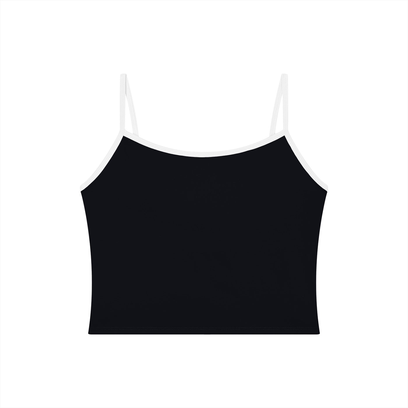 Anointed Garments women's black crop top with white spaghetti straps and trim in a soft nylon spandex blend