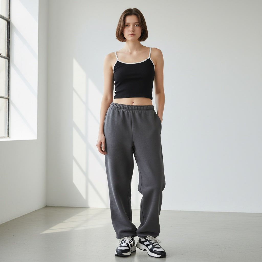 Model wearing an Anointed Garments black spaghetti strap crop top with white trim and grey sweatpants in a studio.