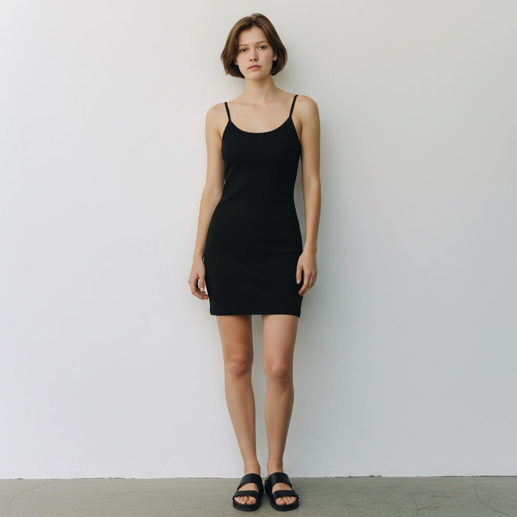 Model wearing an Anointed Garments black spaghetti strap bodycon mini dress with a scoop neck against a white wall.