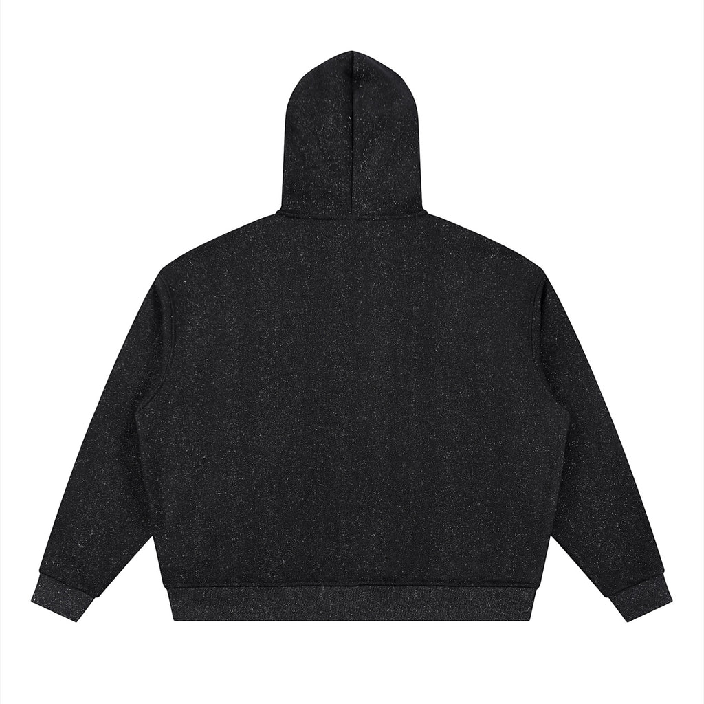 Anointed Garments unisex black boxy full-zip hoodie with subtle sparkle detail, back view of thick cotton blend fabric.
