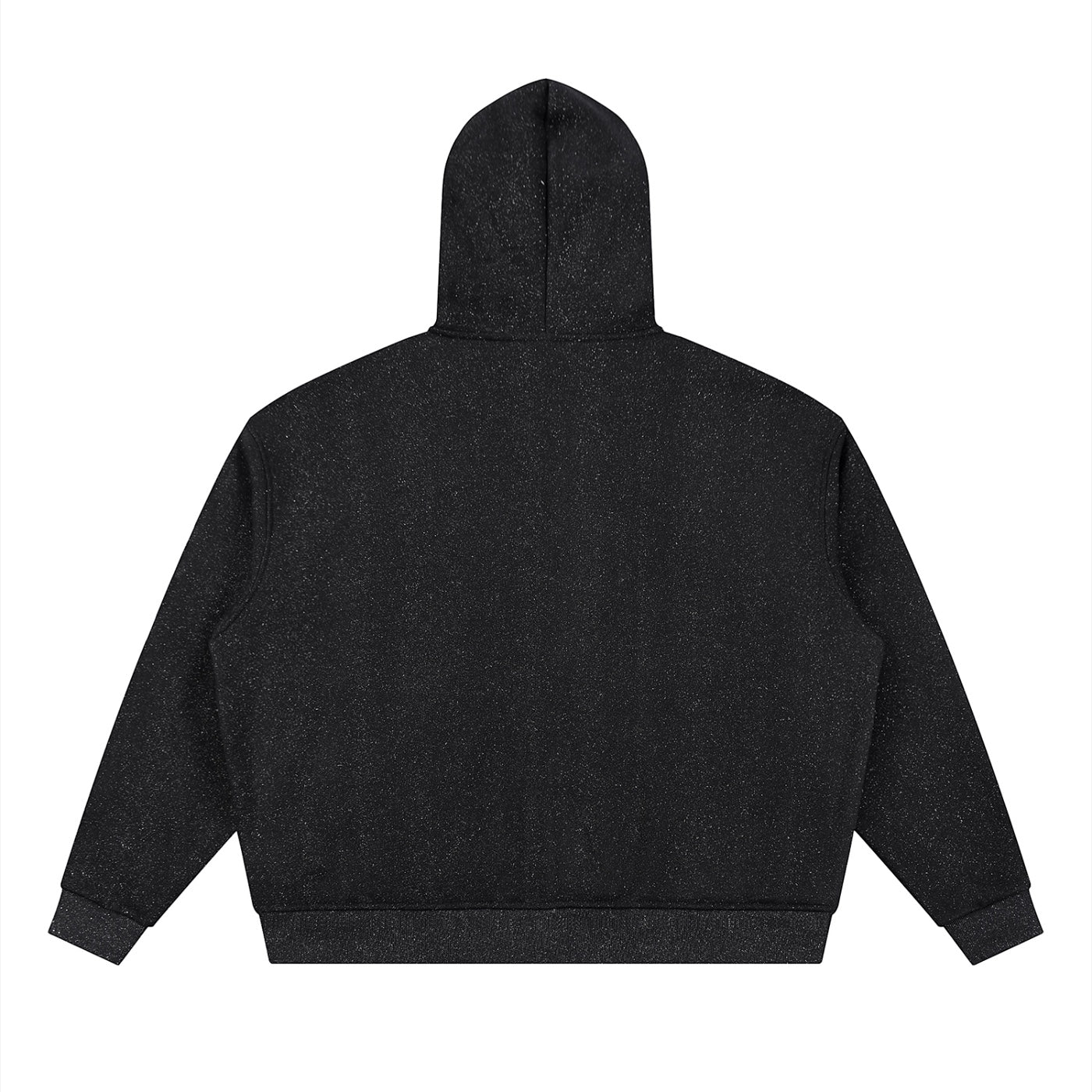 Anointed Garments unisex black boxy full-zip hoodie with subtle sparkle detail, back view of thick cotton blend fabric.