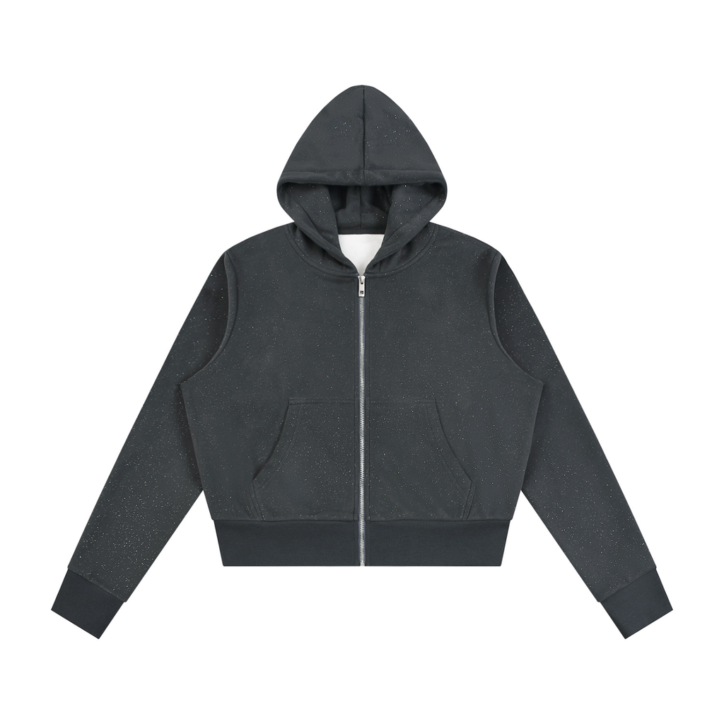 Anointed Garments women's black full-zip hoodie with subtle sparkles, drop shoulders, and ribbed cuffs.