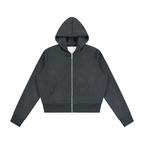 Anointed Garments women's black full-zip hoodie with subtle sparkles, drop shoulders, and ribbed cuffs.