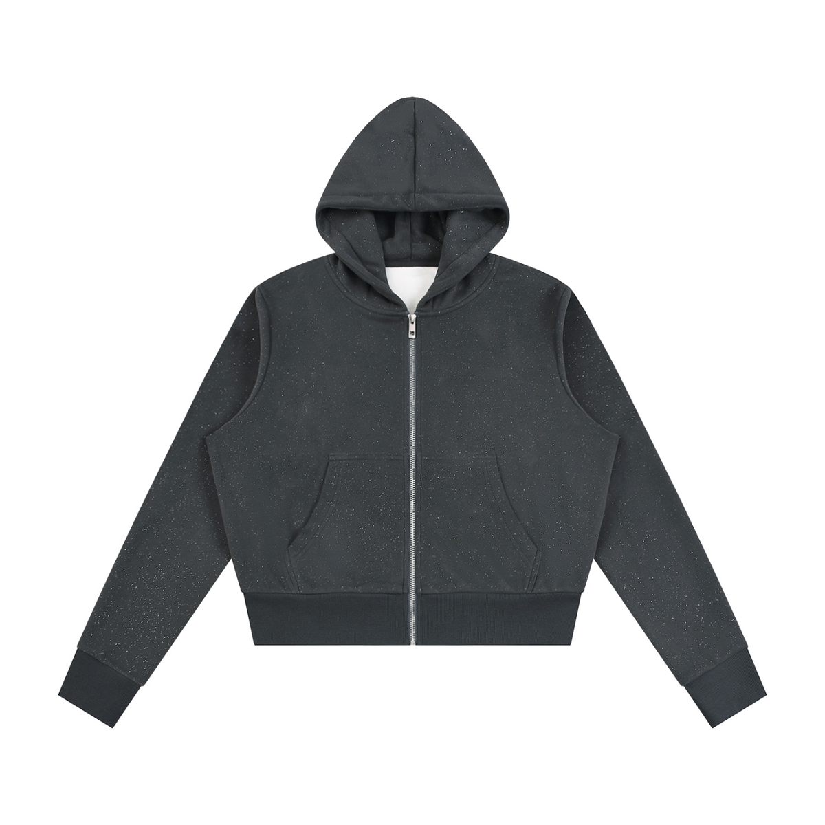Anointed Garments women's black full-zip hoodie with subtle sparkles, drop shoulders, and ribbed cuffs.