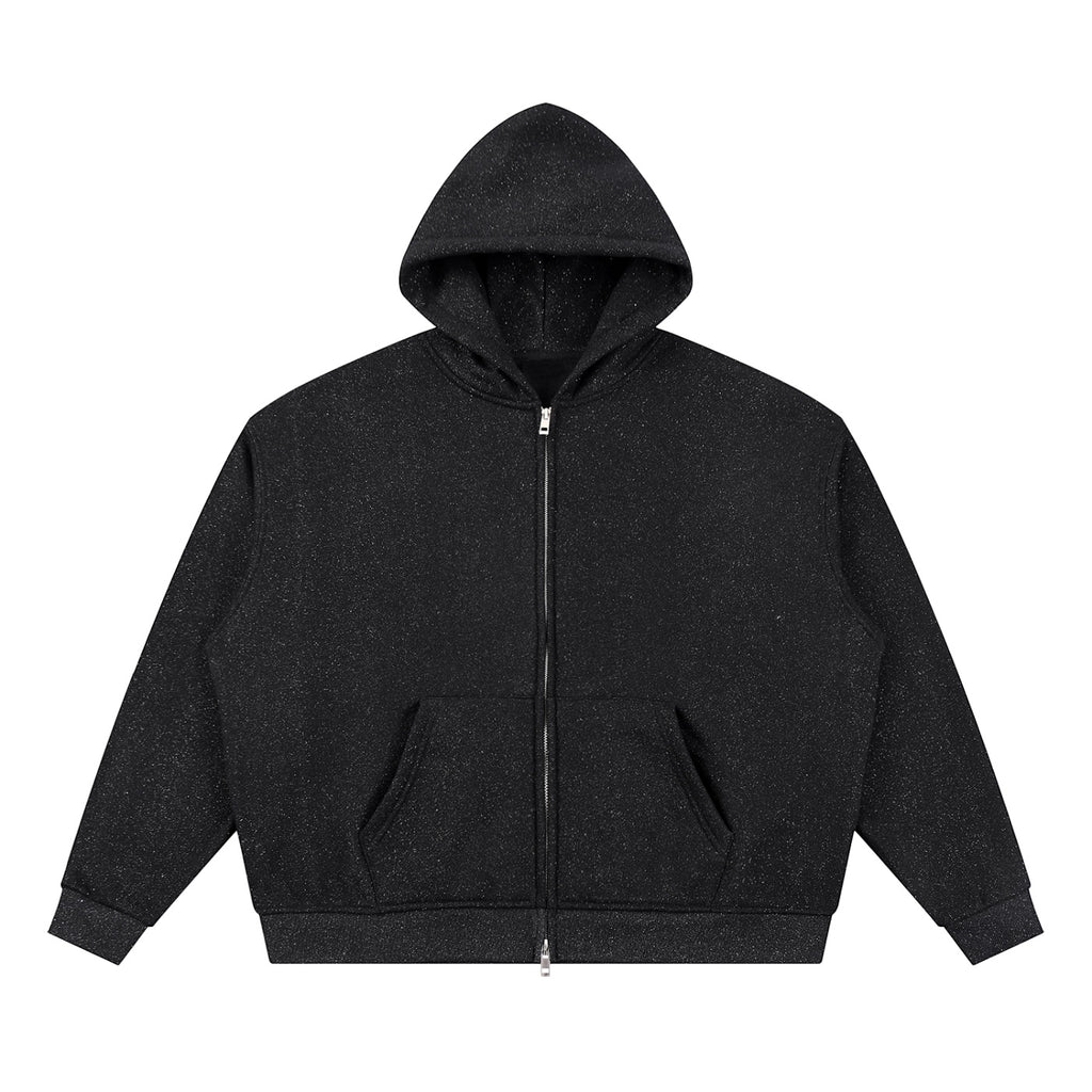 Anointed Garments unisex black full zip hoodie with a subtle sparkle finish, featuring a boxy fit and front pockets.