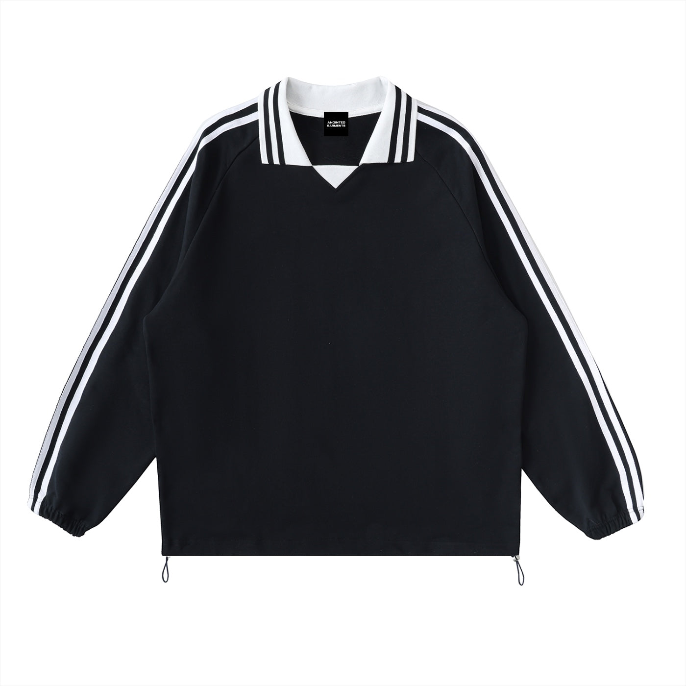 Anointed Garments black pullover sweatshirt with a white striped polo collar and athletic side-stripe sleeve detail.