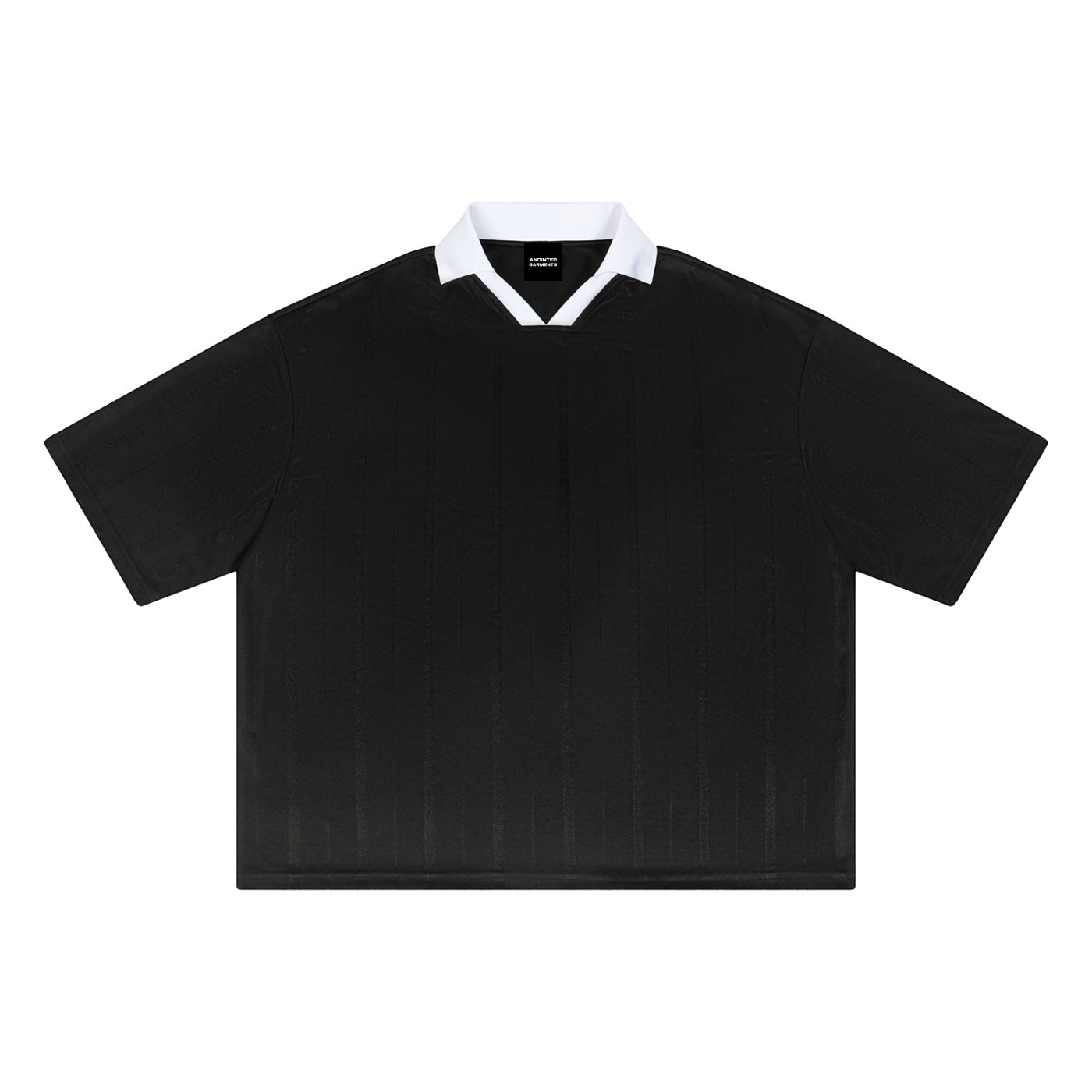 Anointed Garments unisex black soccer jersey with a white lapel collar, drop shoulder, and subtle vertical stripes.