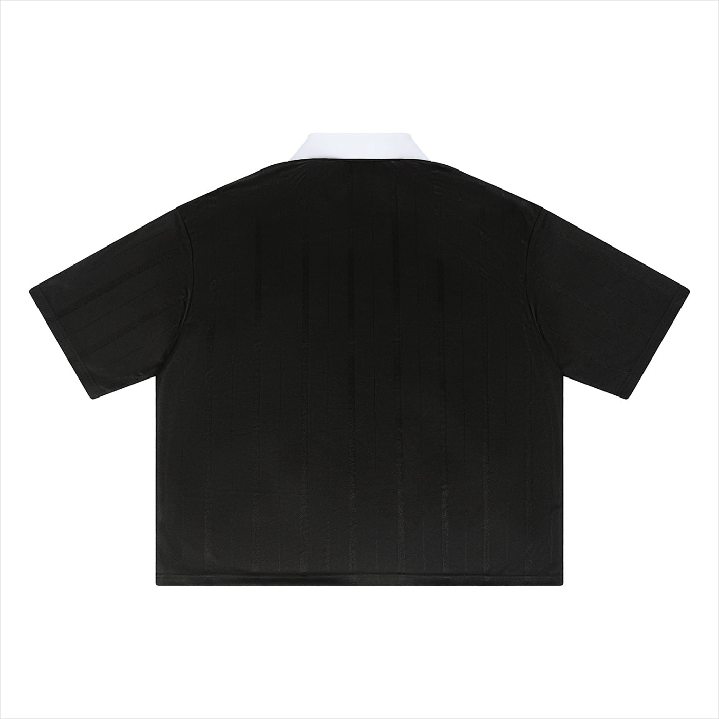Anointed Garments unisex black soccer jersey with a white lapel collar and short drop-shoulder sleeves.
