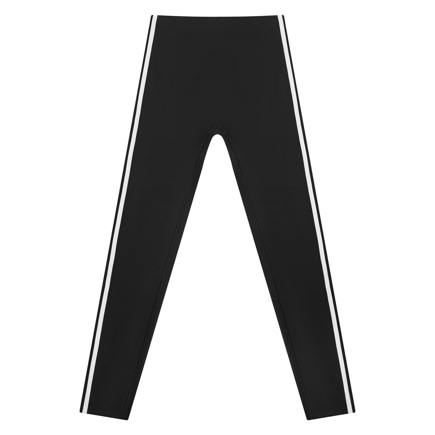 Anointed Garments black high-rise ankle-length yoga leggings with white side stripe detailing in polyester blend fabric.