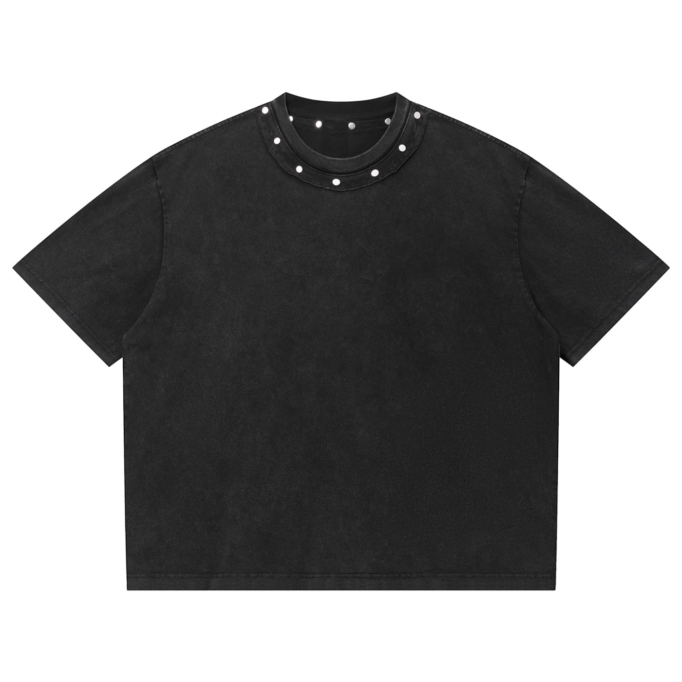 Anointed Garments unisex black washed cotton t-shirt with a boxy fit, drop shoulders, and silver studded neckline.