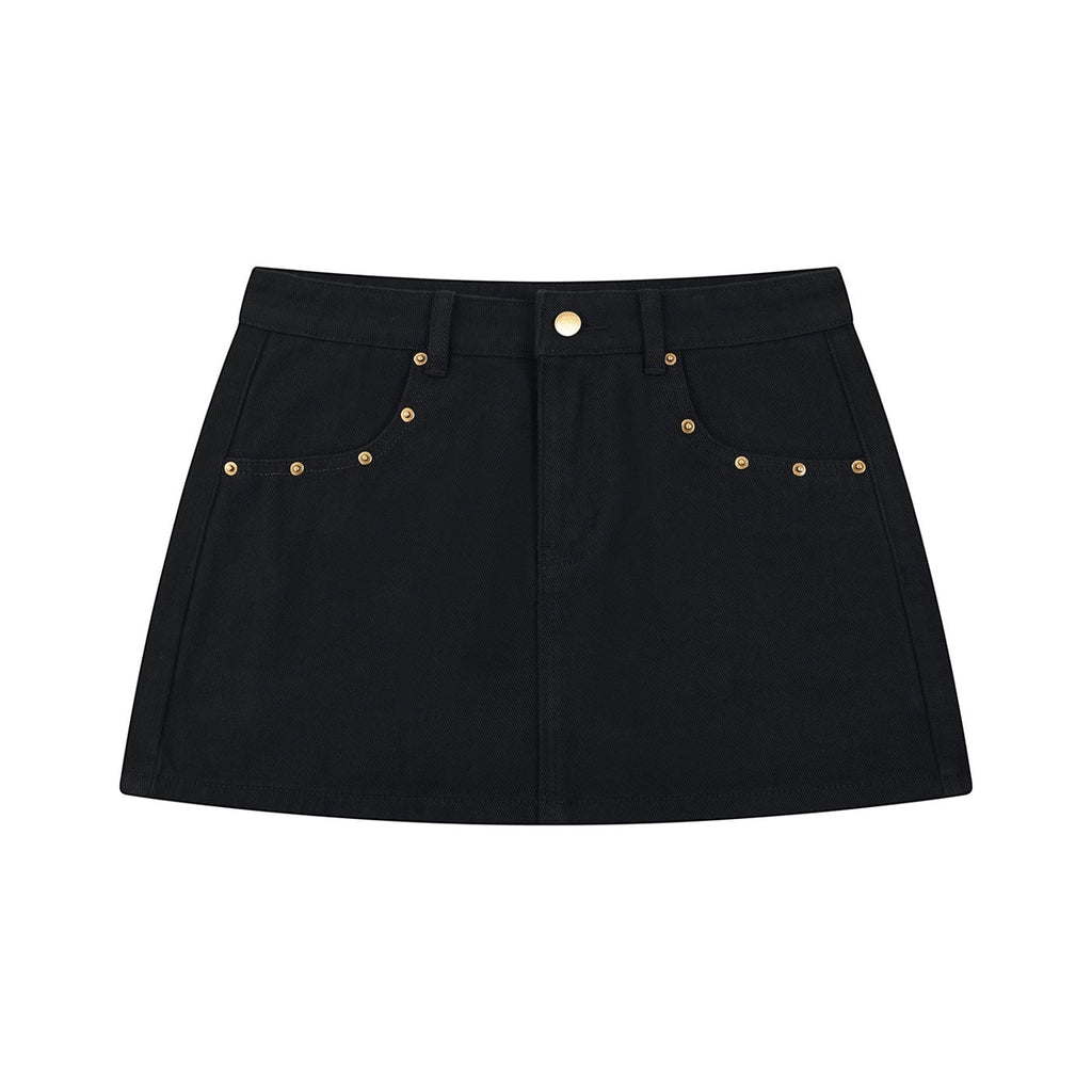 Anointed Garments black denim mini skirt featuring gold stud accents and a mid-waist fit.