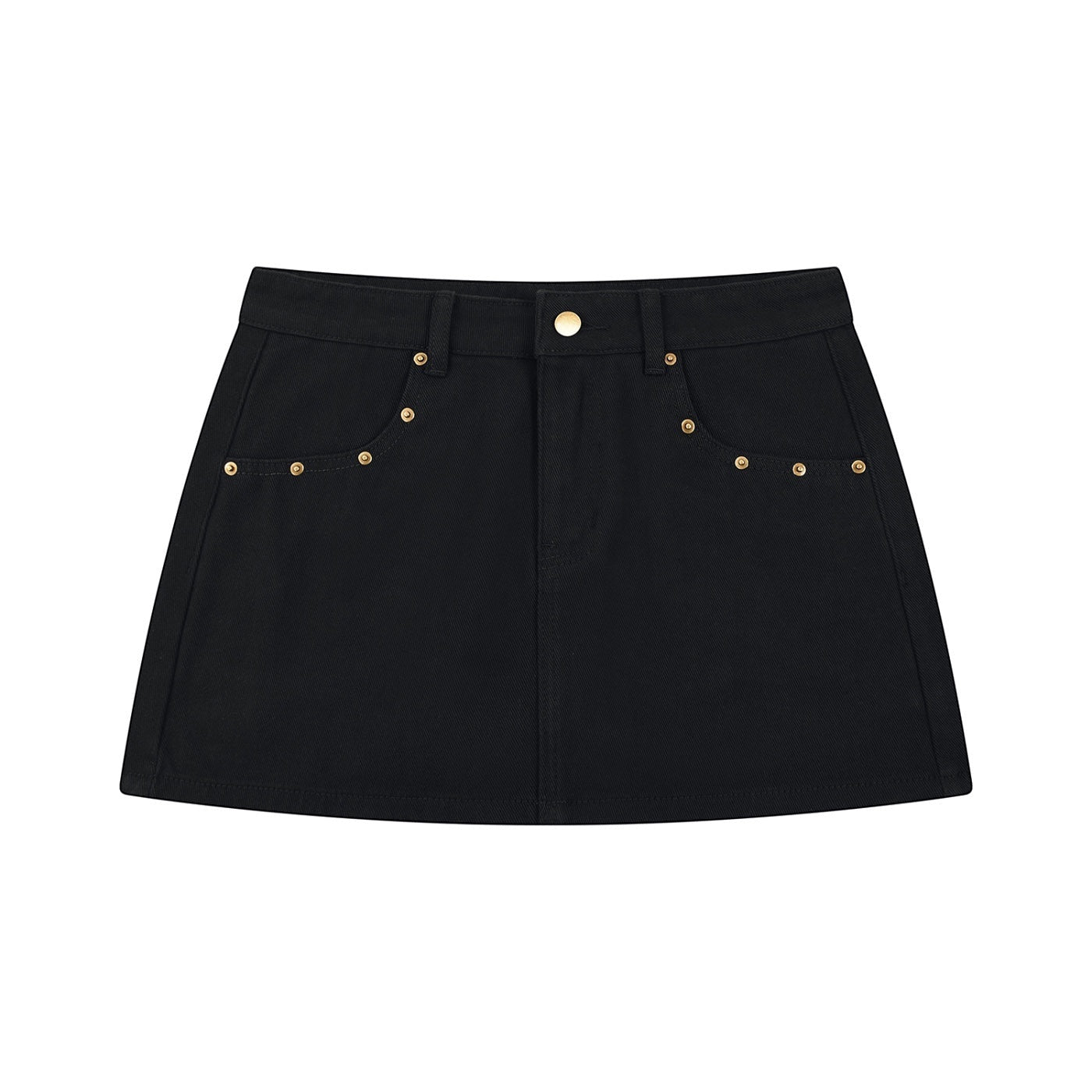 Anointed Garments black denim mini skirt featuring gold stud accents and a mid-waist fit.