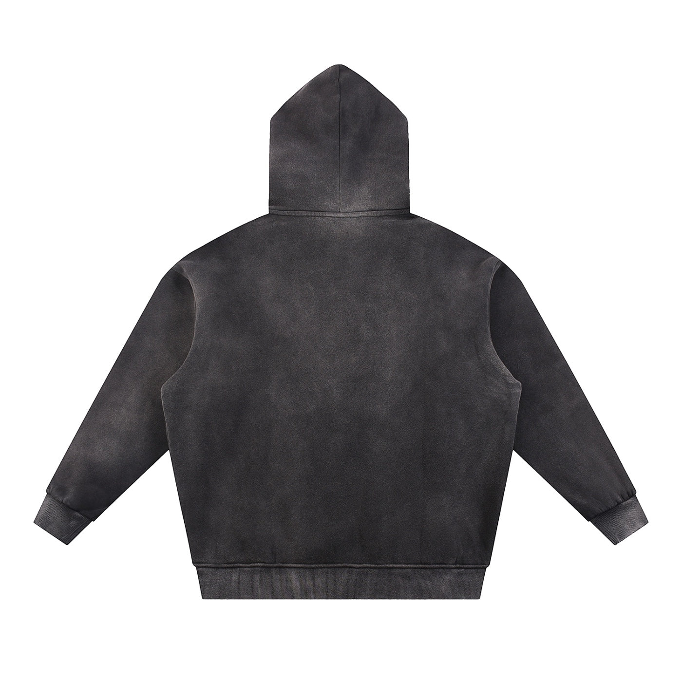 Anointed Garments unisex black sun-faded fleece hoodie with a drop shoulder design, back view.