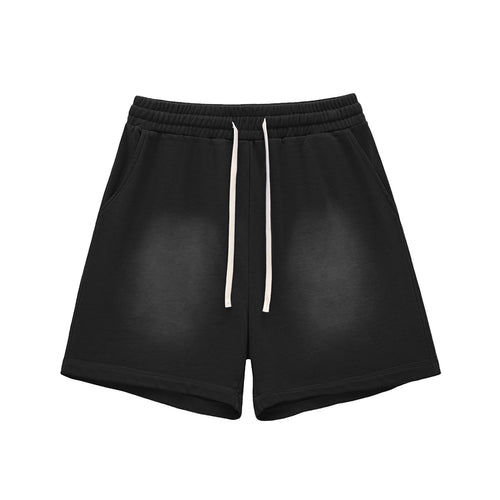 Anointed Garments black sun-faded cotton blend shorts with a drawstring waist and raw edge hem.