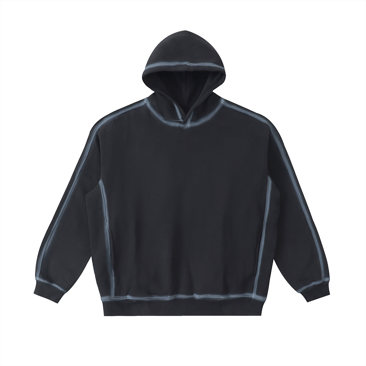 Anointed Garments black oversized fleece hoodie with sunfaded edge detailing and drop shoulder design.