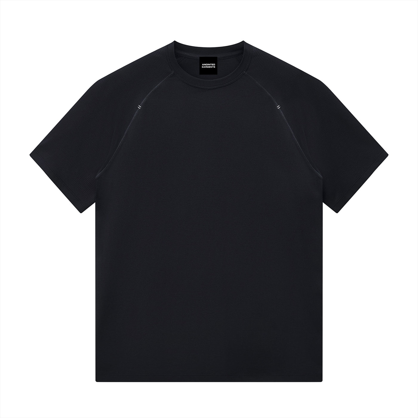 Anointed Garments black crewneck t-shirt with textured fabric and raglan sleeves for a modern athletic fit.
