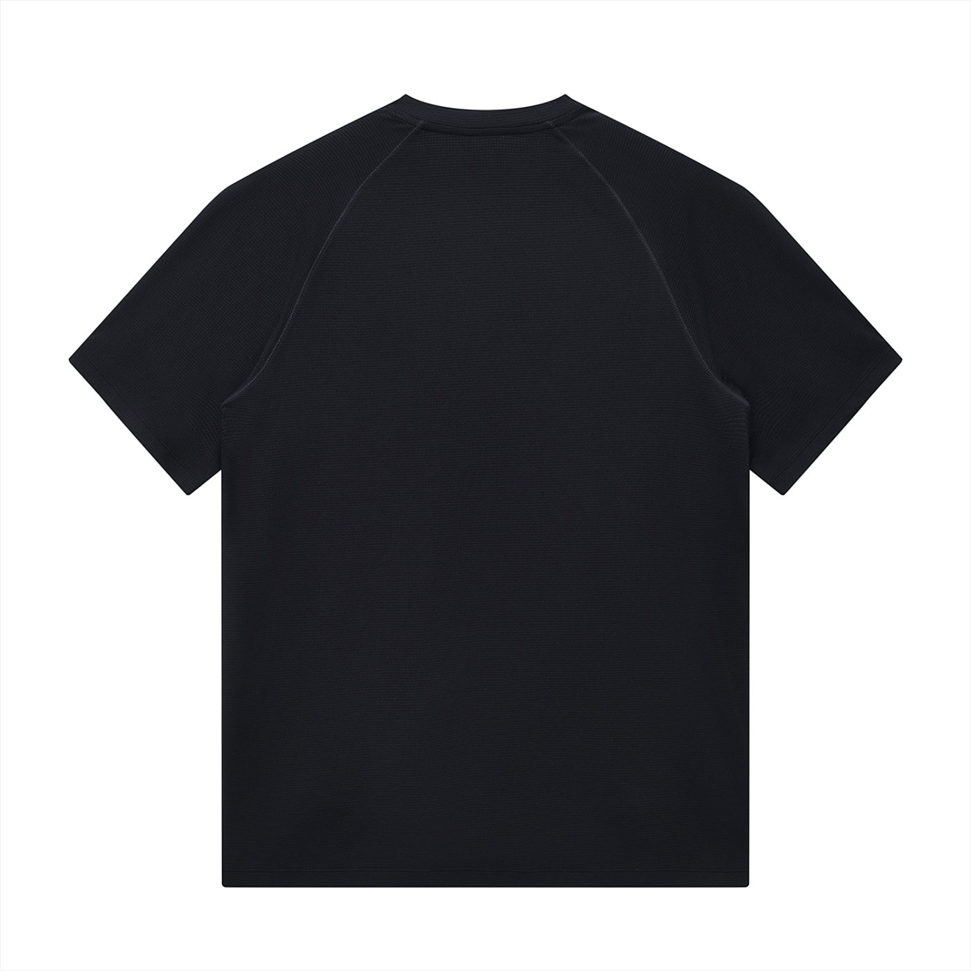 Back view of a black Anointed Garments short sleeve crewneck t-shirt with textured fabric and raglan sleeves.
