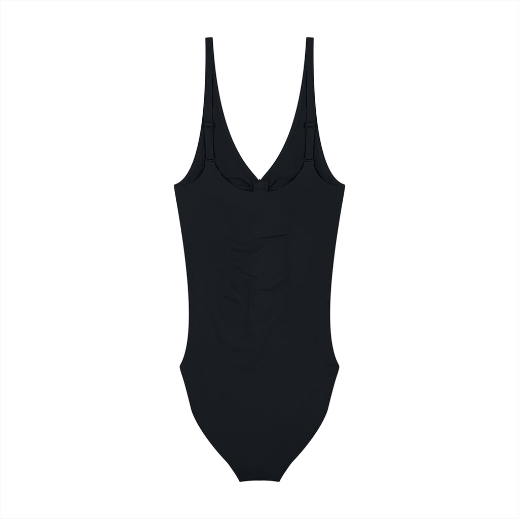 Anointed Garments black sleeveless V-neck bodysuit with ruched bust detail and adjustable straps in soft-stretch nylon.