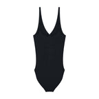 Anointed Garments black sleeveless V-neck bodysuit with ruched bust detail and adjustable straps in soft-stretch nylon.