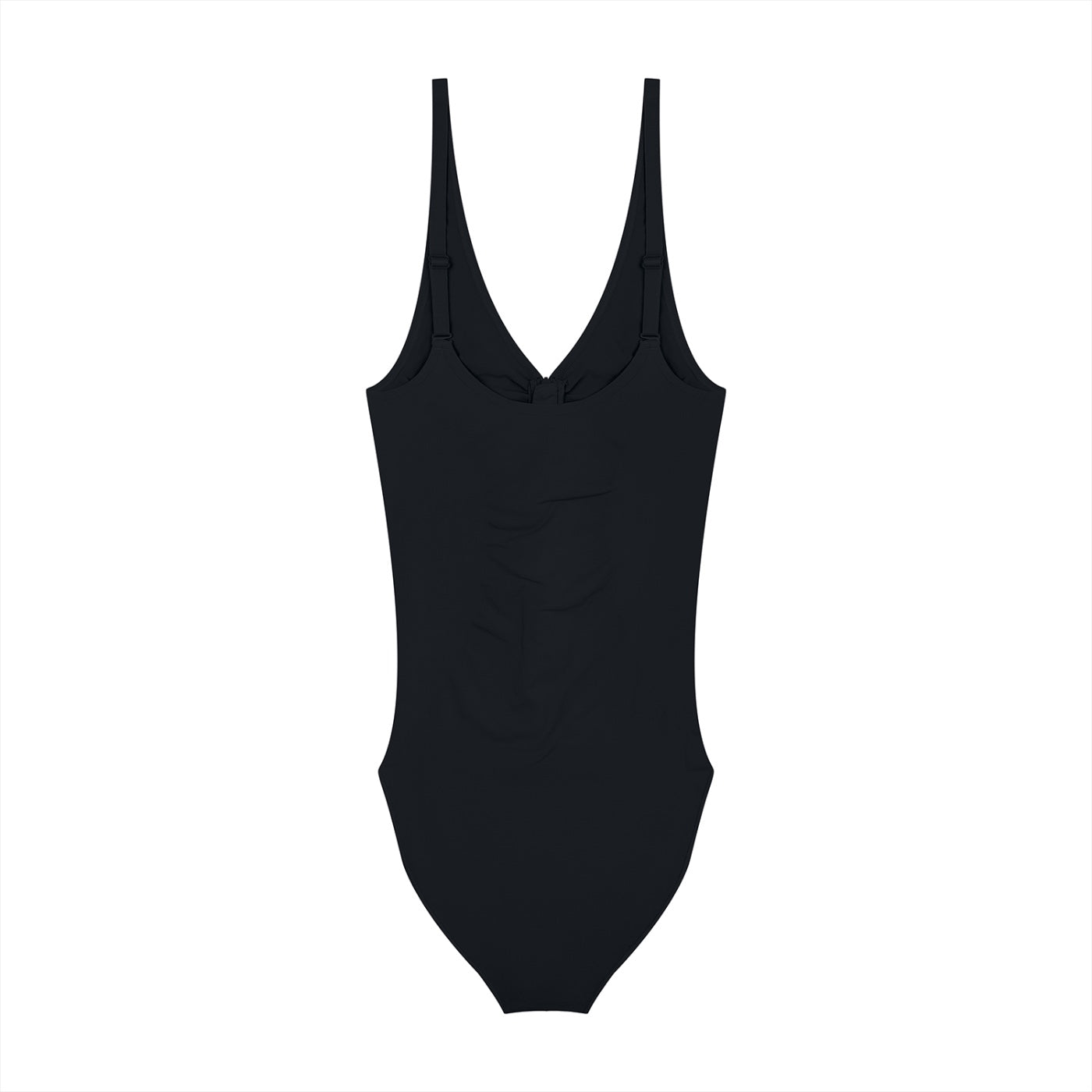 Anointed Garments black sleeveless V-neck bodysuit with ruched bust detail and adjustable straps in soft-stretch nylon.