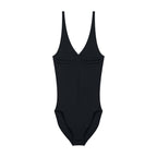 Anointed Garments black sleeveless V-neck bodysuit with ruched bust detail and adjustable straps in soft-stretch fabric.